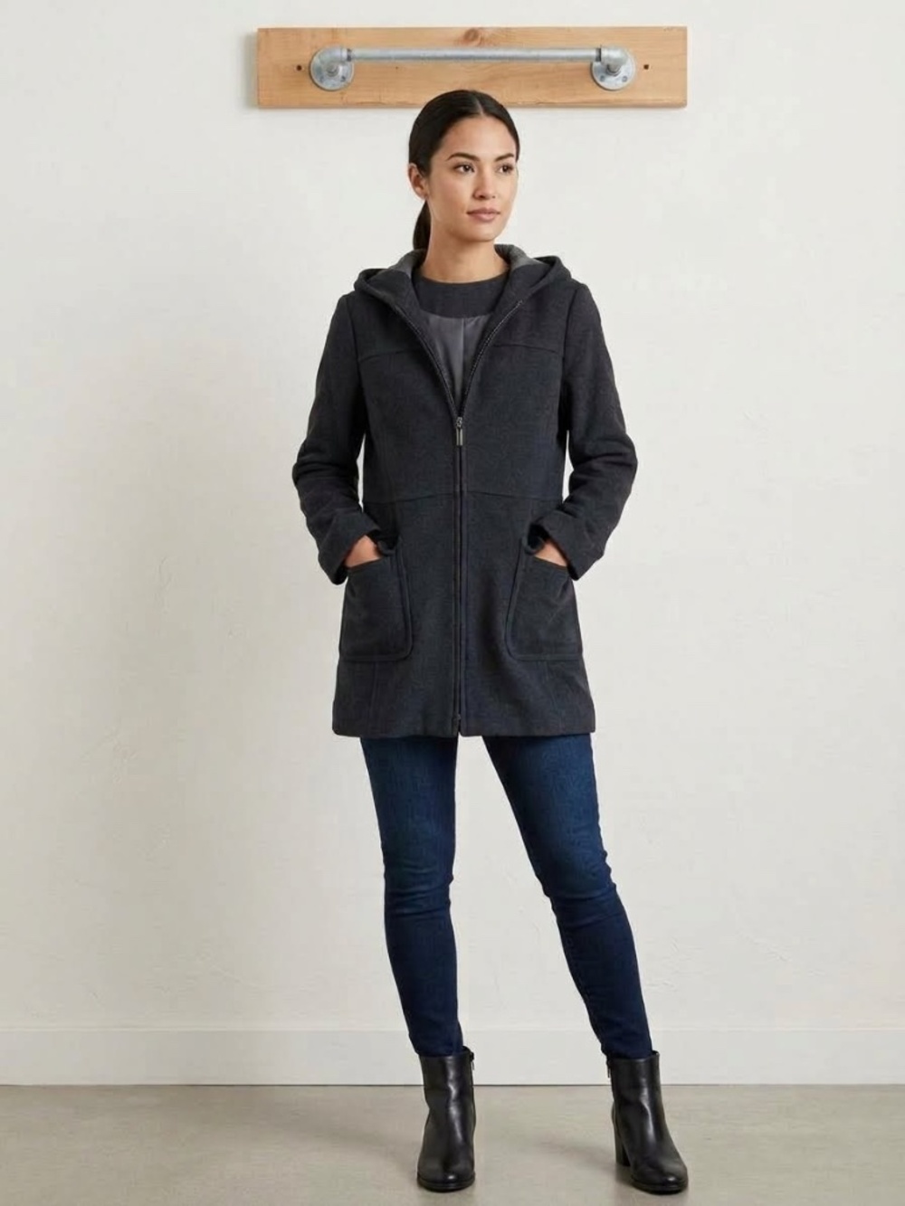 Anne Klein Hooded Pea Coat in Black